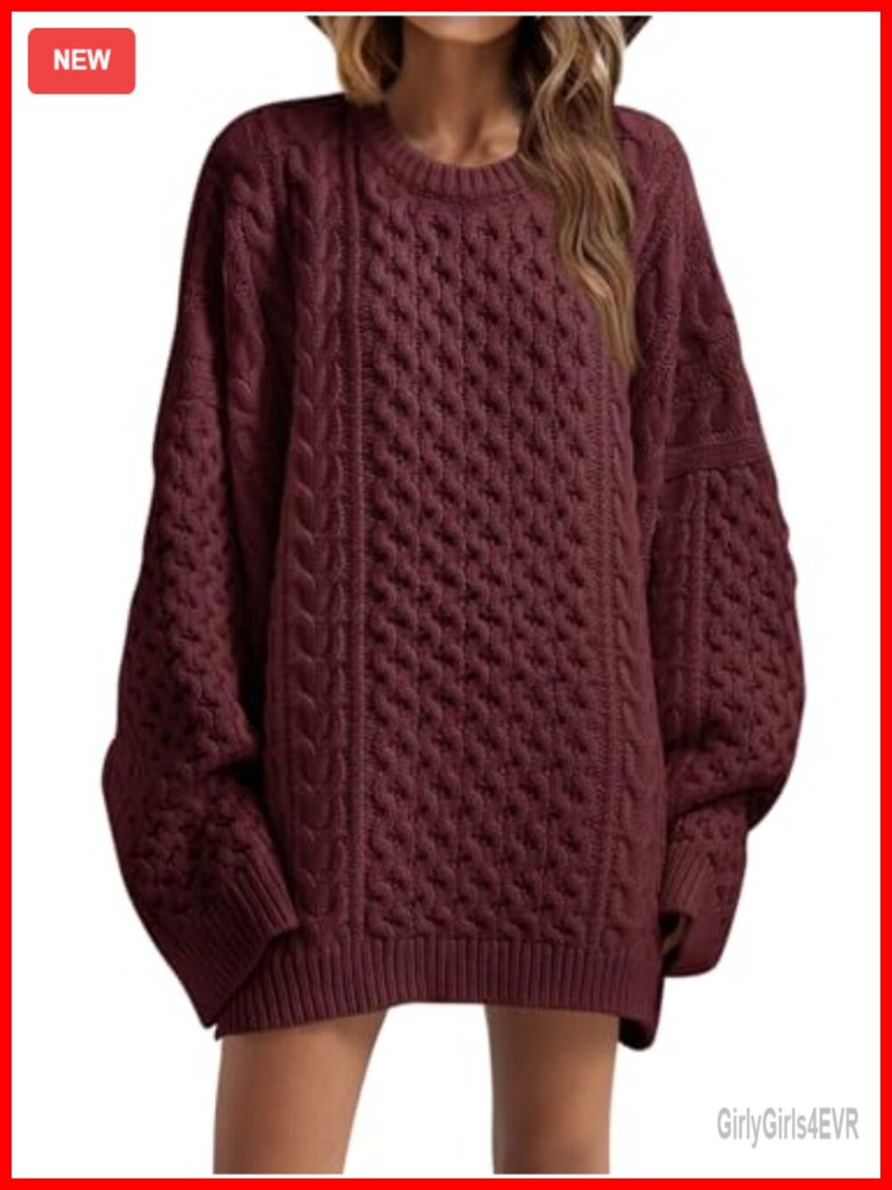 Oversized Chunky Cable Knit Tunic Sweater Crewneck Long Sleeve Acrylic